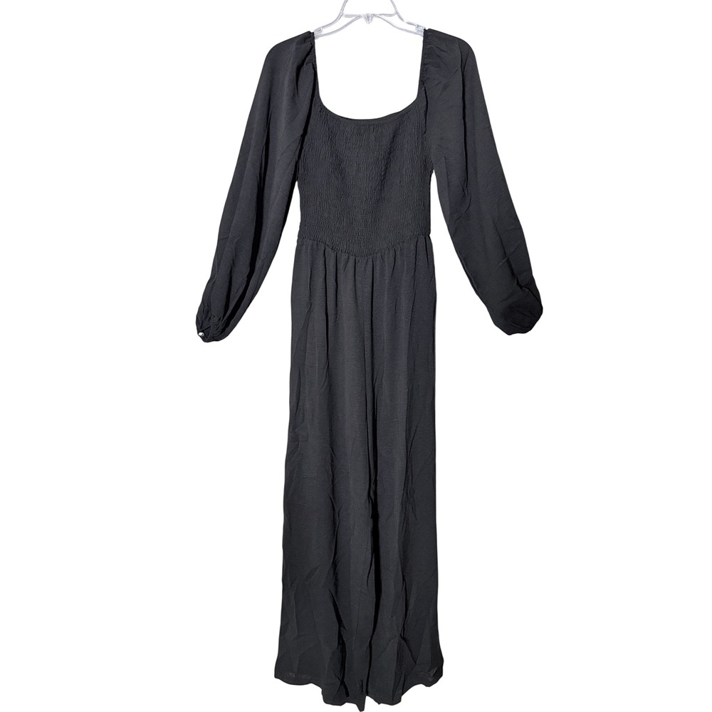 Women Cottagecore Boho Flowy Jumpsuit Small Black Smocked Puff Sleeve Wide Leg - Picture 3 of 5